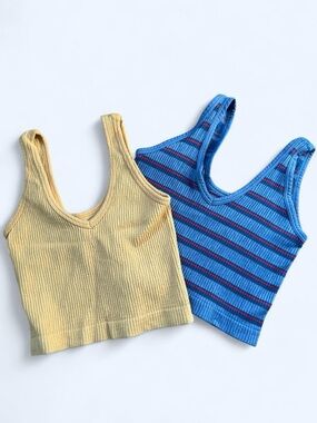 TWO Urban Outfitters Yellow Ribbed V-Neck Cropped Tank & Blue Striped Crop